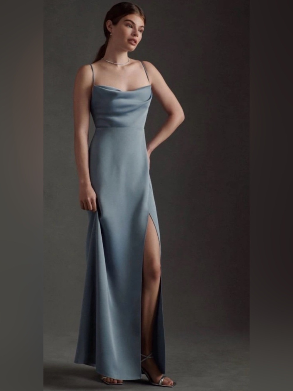 Anthropologie BHLDN Remy Cowl-Neck Faux-Wrap Satin Gown Size 6 Stone Blue